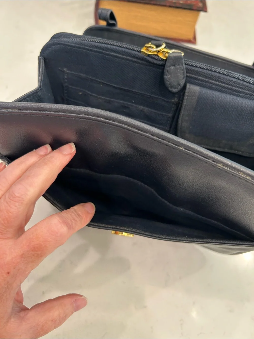 Vintage Structured Navy Leather Bag with Top Handle